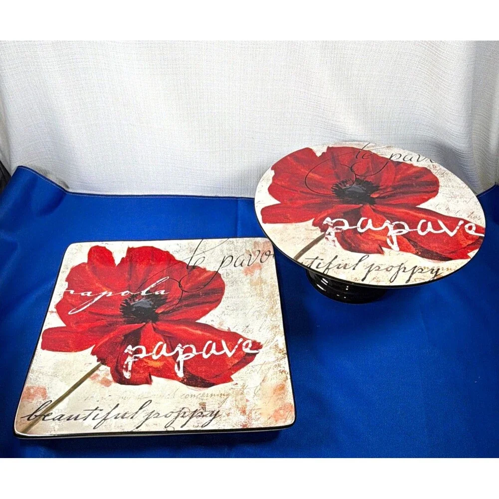 Certified International Midnight Poppy Ceramic Tray/Cake Plate
